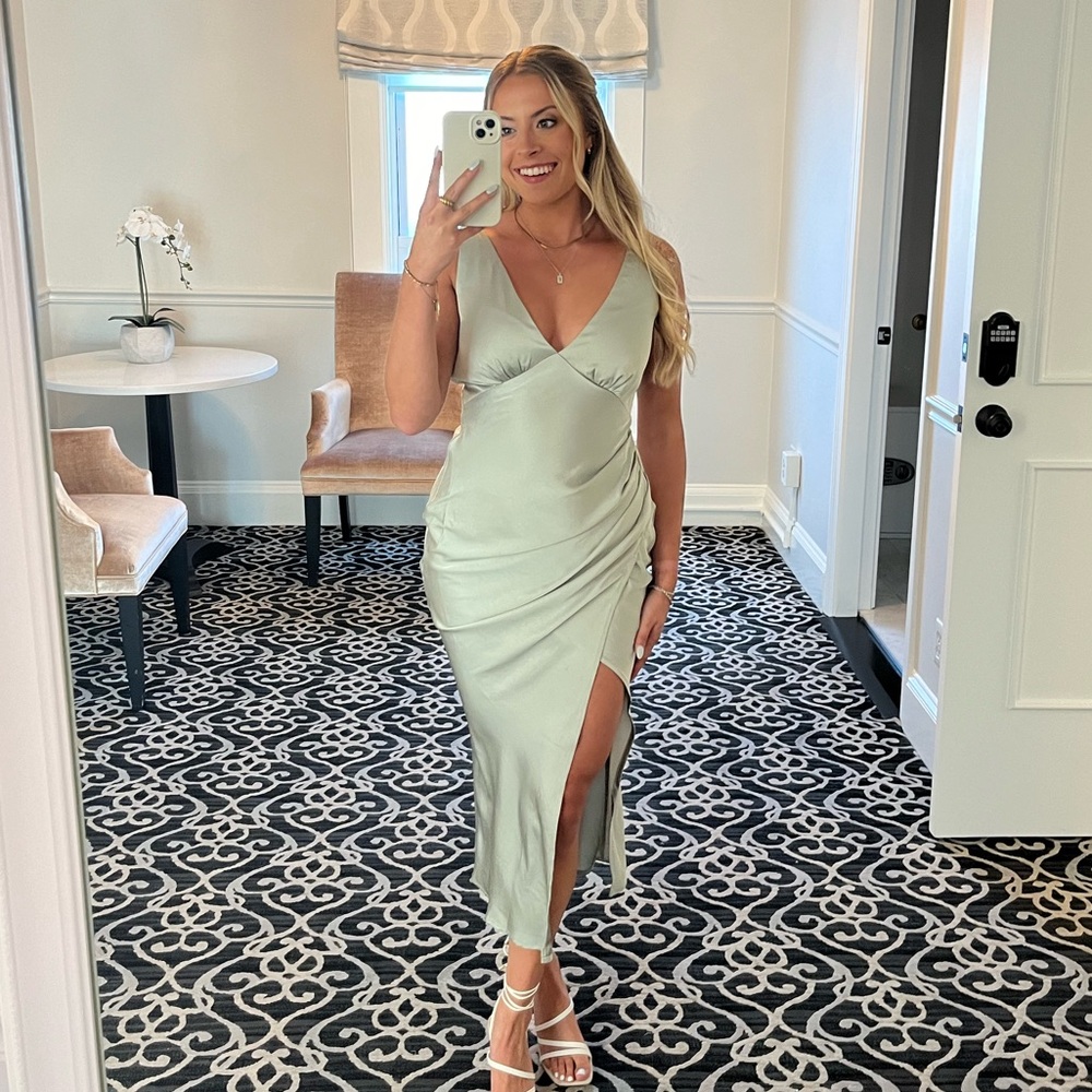 Hello Molly Sage Green Satin Midi Dress